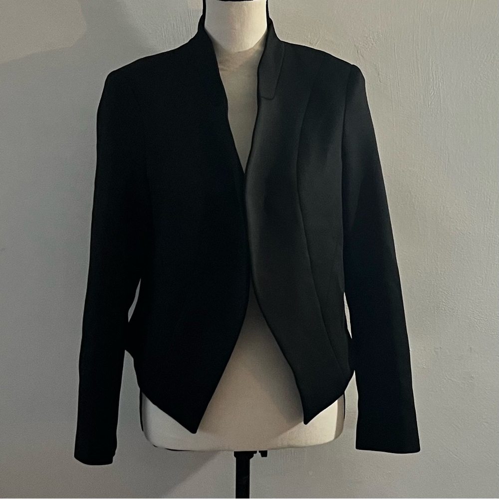 Thalia Sodi Size Large Black Womens Open Front Blazer Jacket Leopard Lining.